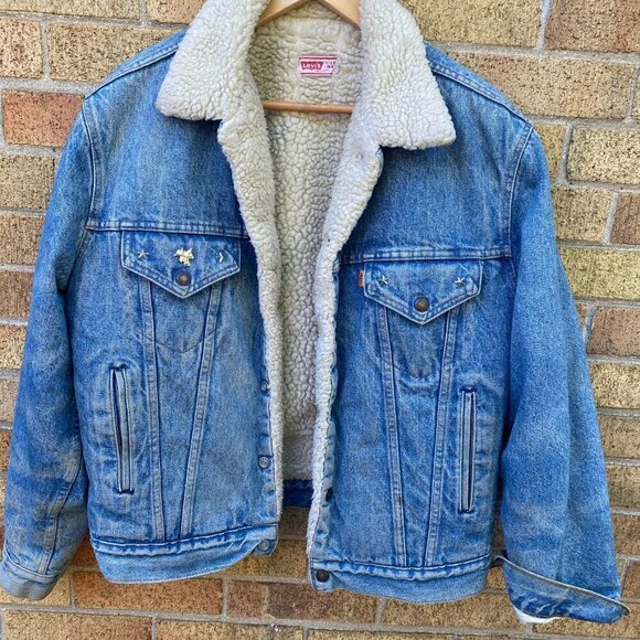 Vintage 1971 Orange Tab Levis Sherpa Denim Jacket Size 44 Large Blue - Picture 15 of 16